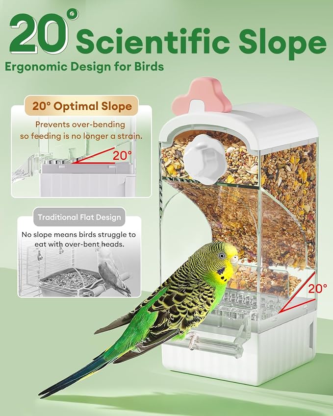 Bucatstate Automatic Bird Feeder for Cage, No Mess Self Cleaning, Large Capacity with Waste Drawer, No Installation Required, Parakeet Feeder for Parrots Budgies Cockatiels Canaries (Pink White)