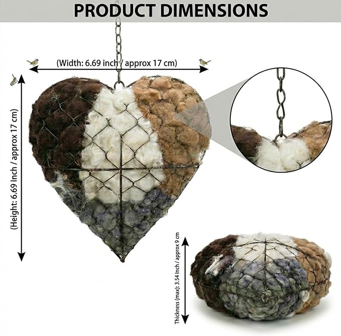 Handmade Alpaca Fiber Bird Nesting Heart, Environmental Protection &Reusable Bird Nesting Materials, Winter Fowl Gifts Animal Hummingbirds Lovers Home Garden Yard (Quantity-1ps)