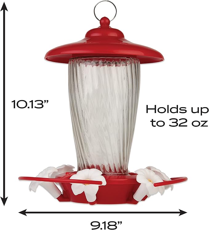 Pennington 32 oz Decorative Glass Hummingbird Feeder, Red