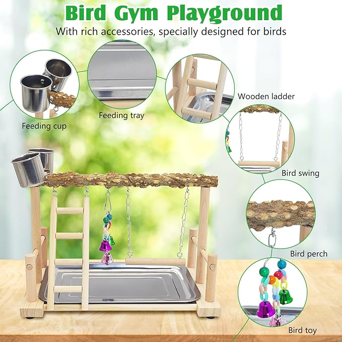 kathson Parrots Playground Bird Perch Wood Playstand Stand with Ladder Swing Feeder Cups Chew Toy for Parakeet Conure Cockatiel Budgie Lovebird Finch Small Birds