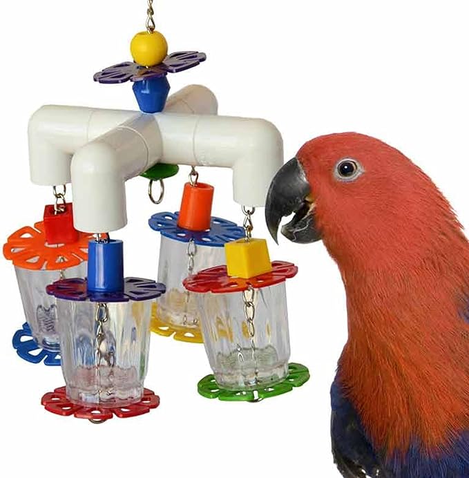 Super Bird Creations SB634 4 Way Forager Bird Toy with Clear Acrylic Cups, Medium to Large Bird Size, 12” x 7” x 7”