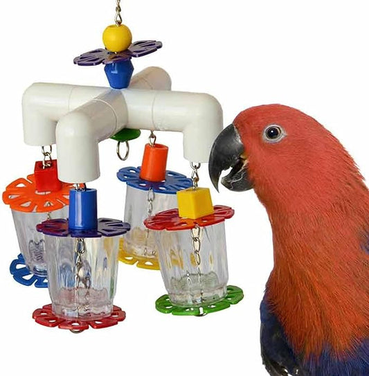 Super Bird Creations SB634 4 Way Forager Bird Toy with Clear Acrylic Cups, Medium to Large Bird Size, 12” x 7” x 7”