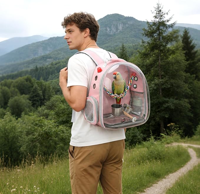 Rypet Bird Carrier Backpack Parrot Portable Breathable Bag Pet Bird Lightweight Travel Cage with Standing Perch and Stainless Steel Tray（Pink）
