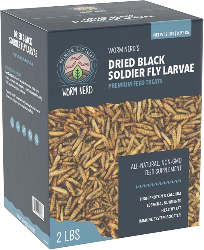 Worm Nerd WN62 2LB Dried Black Soldier Fly Larvae Non-GMO High Protein and Calcium Treat for Chickens, Birds, Reptiles, Amphibians, Fish
