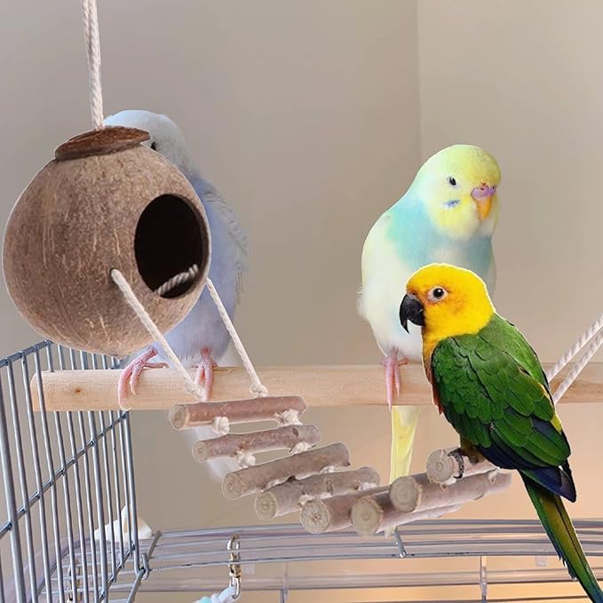 Ladder Nest, Natural Coconut Bird House, Natural Coconut Fiber Shell Bird Nest for Parrot Parakeet Lovebird Finch Canary