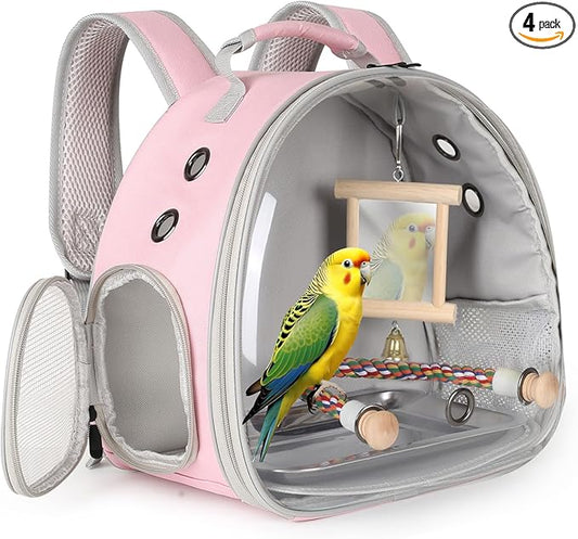 Portable Parrot Travel Cage Carrier with Mirror Standing Toy Set Small Bird Parakeet Bag with Standing Perch Bird Carry Transport Bag (Pink, Backpack/Mirror)