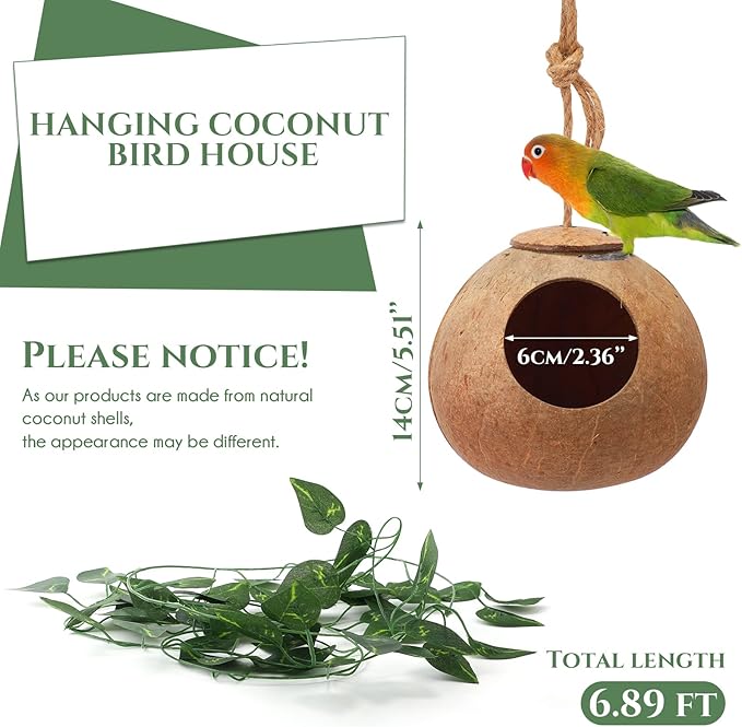 Skylety 3 Pcs Coconut Bird Nest Hut Hanging Bird House Coconut Hide with 6.9 Feet Fake Vines Coconut Fiber Shell Small Bird Cage Accessories for Parrot Parakeet Canary Reptile Crested Gecko Hamster