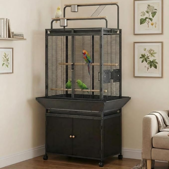 Large Bird Cage, 71" h Rolling Birdcage with Play Top & Storage Cabinet, Wood Parakeet Cage for Macaw Parakeet Parrot Cockatiel Budgie (Dark Walnut)