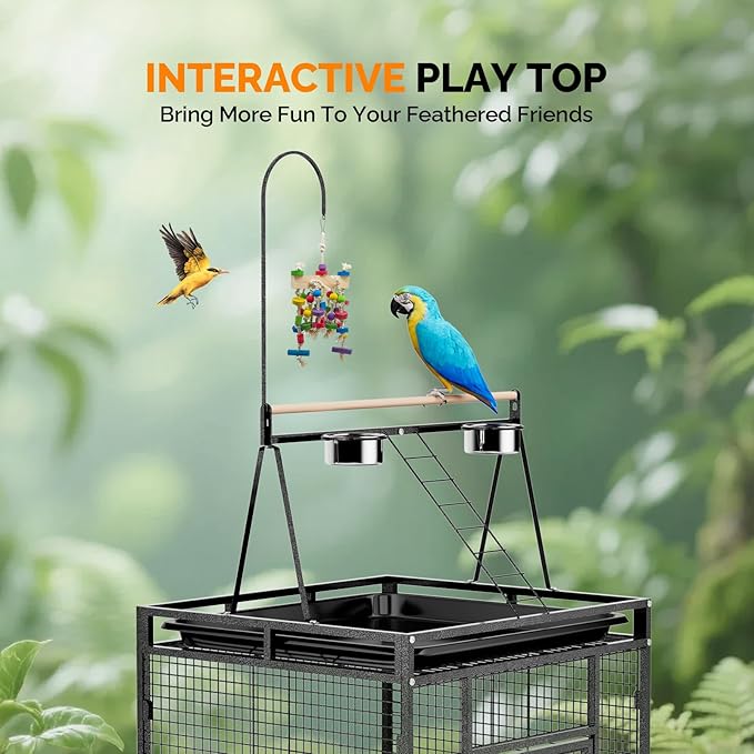 VINGLI 83 Inch Bird Cage with Play Top, Large Wrought Iron Bird Cage with Wheels, Rolling Parakeet Cage with Removable Tray for Cockatiels Lovebird Finches Canaries