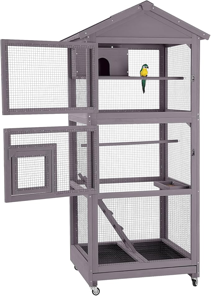 GUTINNEEN Bird Cage Outdoor Wooden Aviary Indoor, 70" H Large Parrot Cage with 4 Casters, Flight Bird Cages for Parrot Lovebirds Finches(Grey)