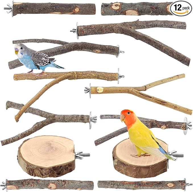 12PCS Natural Wood Bird Perches for Cage, Parrot Perch Stand & Platform, Bird Cage Accessories - Multi-Size Perches for Parakeets, Cockatiels, Conures, Lovebirds