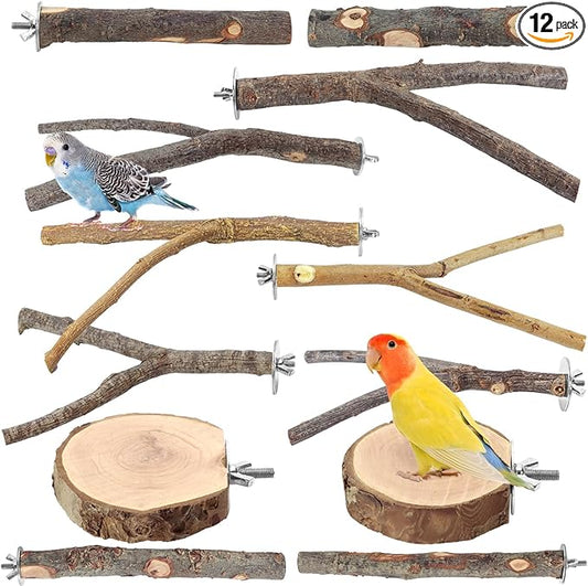 12PCS Natural Wood Bird Perches for Cage, Parrot Perch Stand & Platform, Bird Cage Accessories - Multi-Size Perches for Parakeets, Cockatiels, Conures, Lovebirds