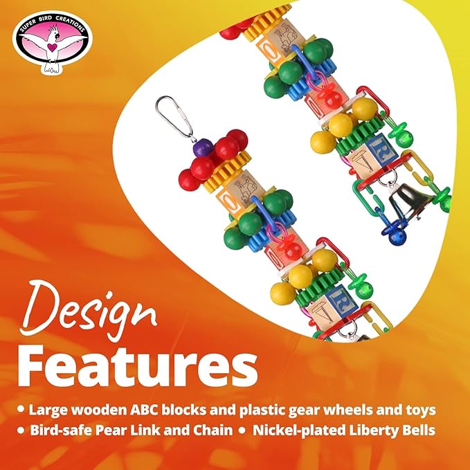 Super Bird Creations SB676 Spin Tower Bird Toy - Enrichment & Boredom Relief Toys for Amazons, African Greys, Parrots, Small Cockatoos, Mini Macaws - Textured Toy - Large Bird Size, 13" x 3" x 3"