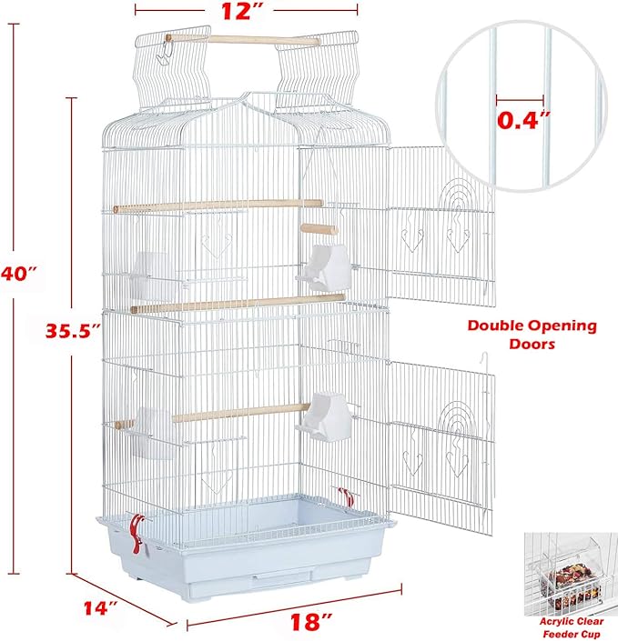 Large 36-Inch Portable Bird Flight Cage for Canary Parakeet Cockatiel Lovebird Finch Small Parrot Budgies Travel Bird Cage (White with Toy)