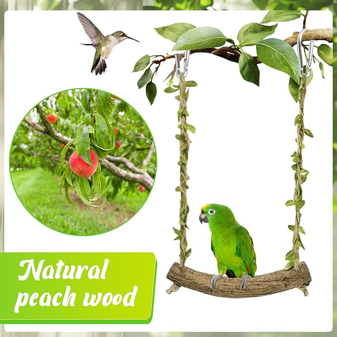 Natural Wood Bird Swing Perch with Decorative Leaves - 7.1" Durable Bird Stand Platform Toy for Cage, Hanging Budgie Parakeet Hammock Accessories for Lovebirds, Cockatiels, Conures, Finches