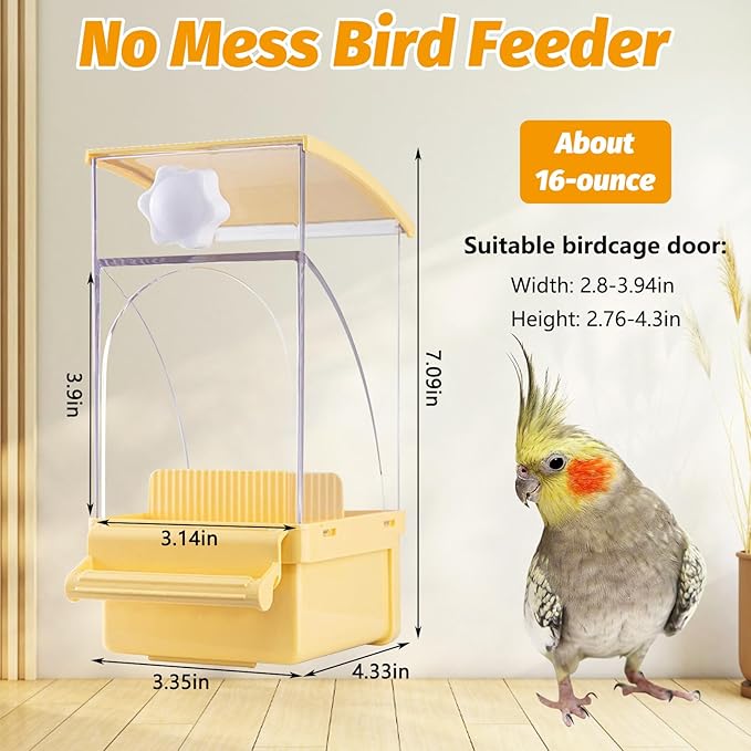 BNOSDM No Mess Bird Feeder Transparent Automatic Bird Cage Feeder with Perch Acrylic Parrot Food Container Parakeet Cage Accessories for Parakeets, Budgies, Cockatiel, Finch, Canary, Lovebird (Yellow)