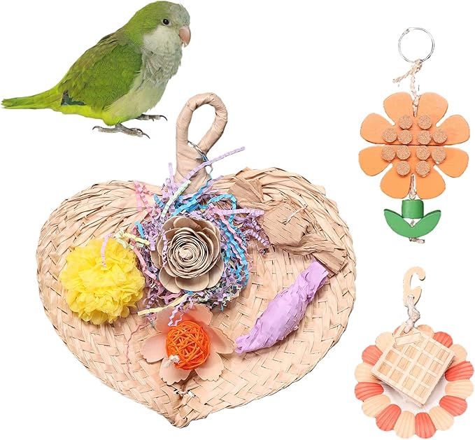 Parrot Chew Toys Set - Natural Wood & Loofah Toys with Plant-Based Dyes, 3 Pack Bird Chew Toys for Cockatiels, Conures & Small Parrots for Cage Enrichment (3 Pieces ofcolor Series)