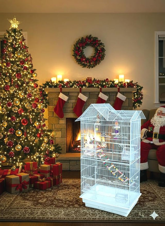 38-Inch Double Roof Top Large Flight Bird House Cage with Toys & Climbing Ladder for Cockatiels Parakeets Aviary Budgie Finch Lovebird Canary Pet Bird Travel Cage Side Nest Box Doors