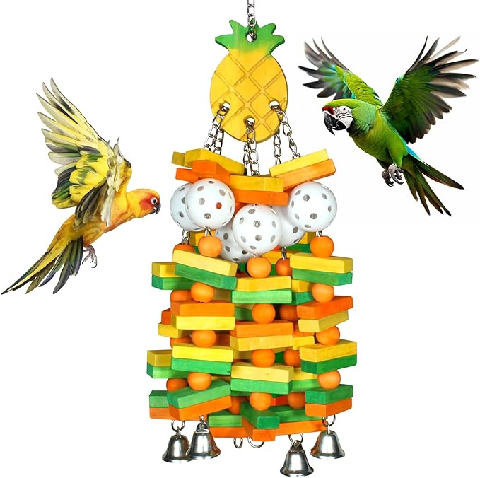 Large Wooden Bird Toys for Parrots, Cockatoos, Cockatiels, and Parakeets, Safe and Durable Shredding Cage Toy for Engaging Play (Pineapple)