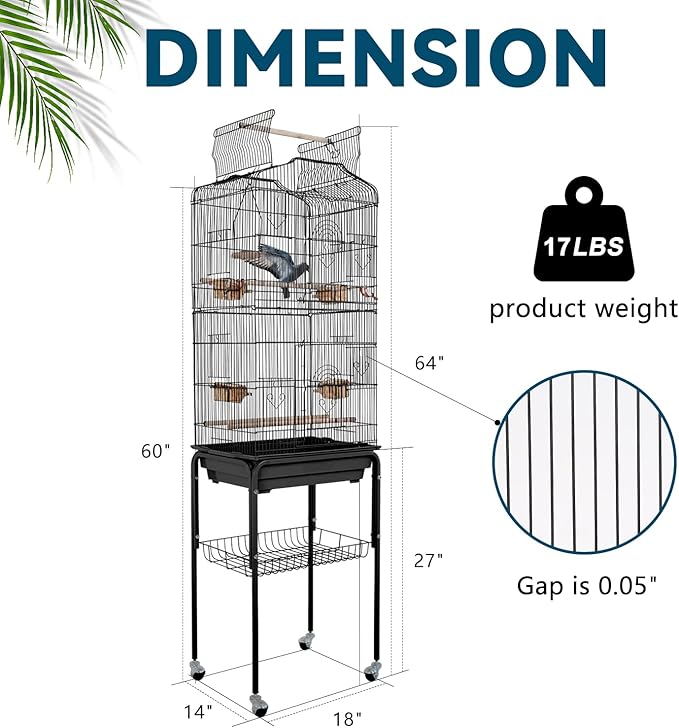 Dopinmin 64 Inch Bird Cage, Rust Resistant, Floor Standing, Black
