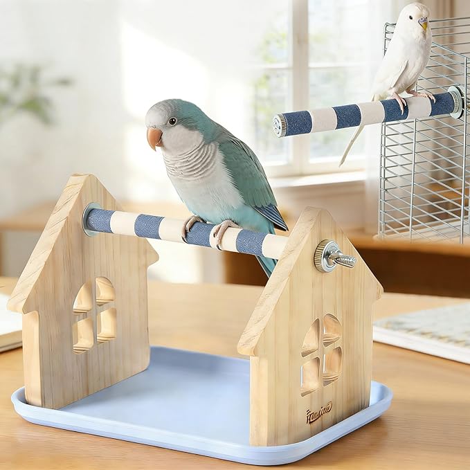 Wood Bird Perches Stand，2-in-1 Parrot Perch Stand，Portable Bird Stand，9.1''L*5.3''W*5.7''H Bird Training Perch with Removable Plastic Tray for Small and Medium-Sized Birds Play Stand(Room-Blue)