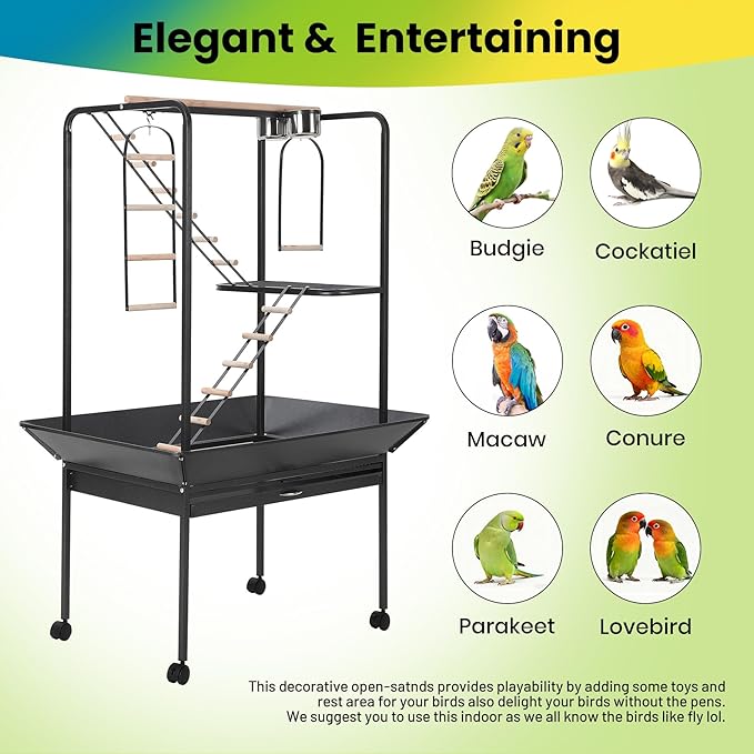 Garvee 64'' H Inch Birdcage Stand Play Center with Perches and Ladders, Indoor Outdoor Playground for Birds, Bird Playstand w/Rotated Ring Removable Tray, Lockable Caster, for Macaw and Parakeet
