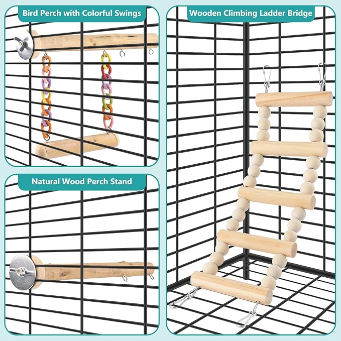 DBNESS Bird Perches Ladder with Swing, Natural Wood Parrot Climbing Bridge Perch Toys, Exercise Play Stand Parakeet Cage Accessories for Budgie Cockatiel Green-Cheeked Conure Caique