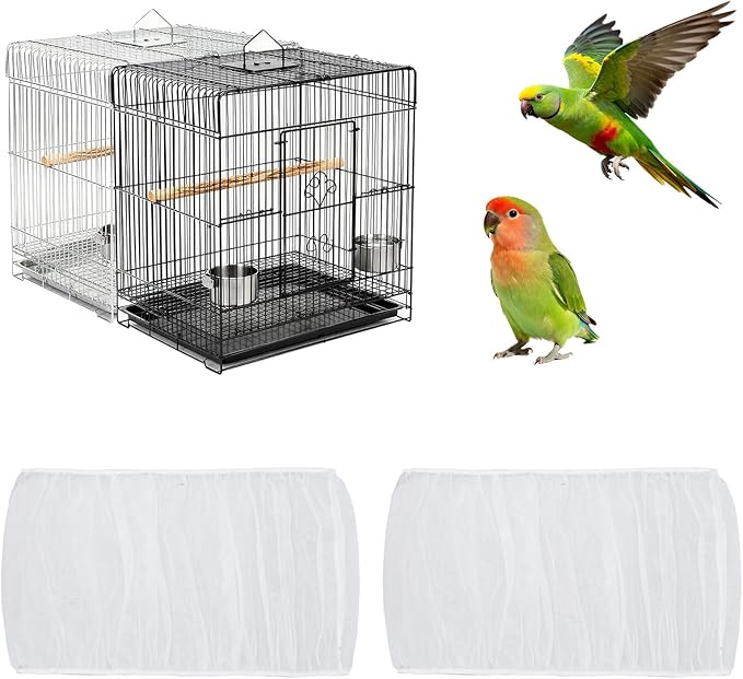 Fengek 2 Pcs Adjustable Bird Cage Cover & Seed Catcher Net - Stretchy Bird Cage Accessories for Night Cover & Seed Guard (White, XL)