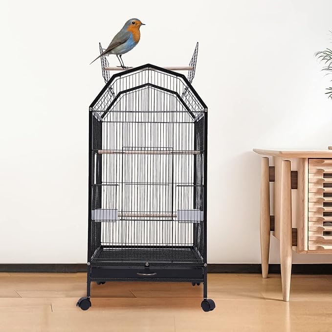 Parakeet Bird Cage with Stand, Metal Pet Bird Flight Cages, Large Finch Bird Cage. for Conure Canary Parekette Macaw Finch Cockatoo Budgie Cockatiels Parrot Pet House,Black