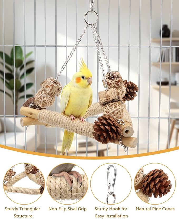Hypeety Bird Swing for Cage Sisal-Wrapped Natural Wooden Perch Bird Foraging Round Swing Toys Parrot Stable Triangle Hanging Balance Training Toys for Lovebirds Cockatiels Budgies and Small Birds