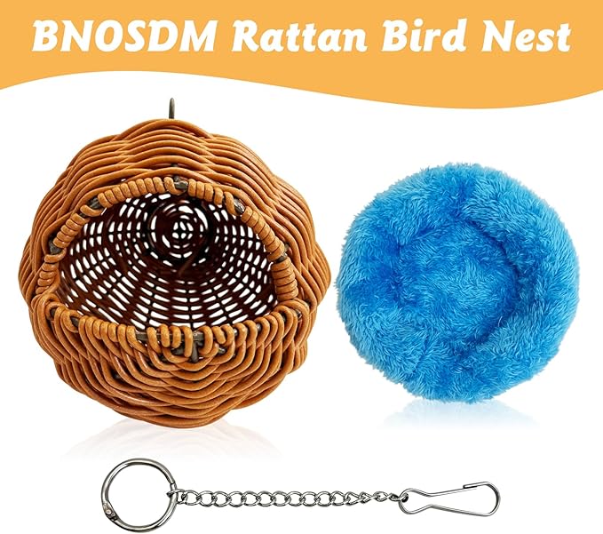BNOSDM Rattan Bird Nest Parrot Nesting House Parakeet Hanging Swing Soft Lovebird Warm Bed Sleeping for Parrots Bird Cage Accessories for Cockatiels Budgerigars Finches Canaries (G-Hole Style)