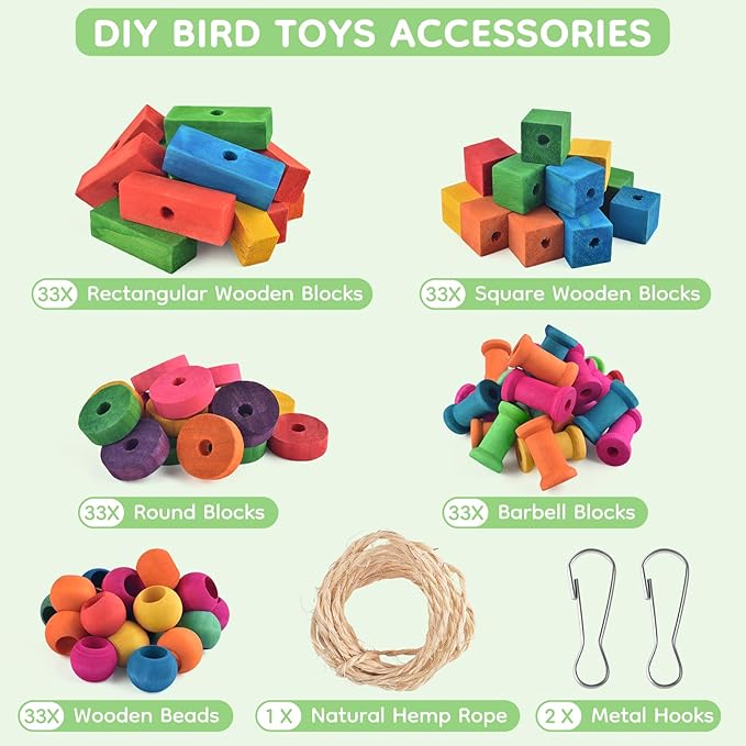 DBNESS Large Bird Toys for Parrots, 165 PCS Colorful Chew Toy Multi-Shaped DIY Wooden Blocks Craft Birds Cage Training Toy Macaw Cockatoo African Grey Medium Large Parrot