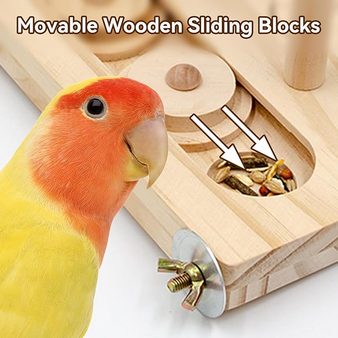 Interactive Wooden Bird Foraging Toy – Cage-Mounted Puzzle Feeder with Sliding Locks, Loofah & Vine Ball for Budgies, Cockatiels, Conures & Small Parrots