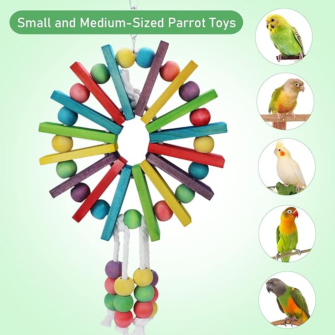 Litewoo Parrot Hanging Chew Toy Bird Bite Swing with Colorful Wood Beads Bells for Parrot Macaw African Greys Cockatiels Cage Accessories (Colorful Wood Toy)