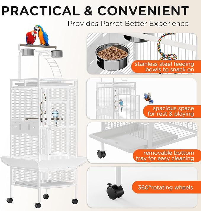 60 Inch Wrought Iron Large Bird Cage with Rolling Stand, Metal Parrot Cage with Play Top & 4 Stainless Steel Bowls for African Grey Cockatiel Sun Parakeet Green Cheek Conure Lovebird Budgie, White