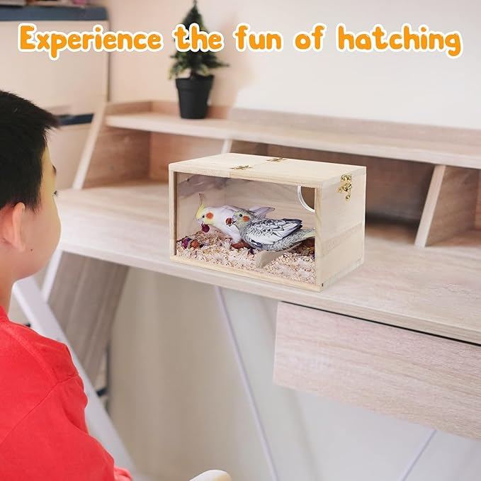 Natural Wood Nesting Box for Parakeet Birds Transparent Design Breeding Box with Perch Wood Bird Cage House for Cockatiel Lovebirds Budgie Finch Parrotlets Canary (Large)