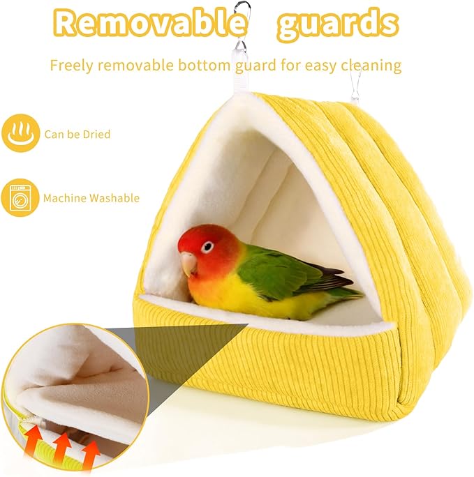 Winter Warm Bird Bed for Cage with Soft Plush Hanging Hammock & Hut Tent, Hideaway Sleeping Nest for Budgies, Cockatiels, Small Animals, and Guinea Pig Hideouts (Yellow, S)