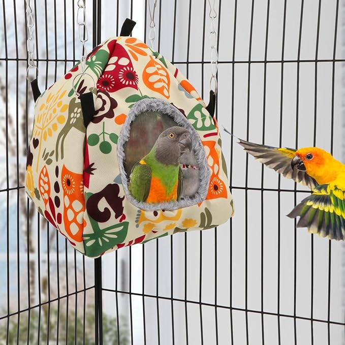 Bird Plush Hammock Parrot Hanging Snuggle Cave Happy Hut Tent for Parakeet Cockatiel Conure Lovebird Budgie Hamster Gerbil Rat Chinchilla Squirrel Cage (M, Beige Pattern)