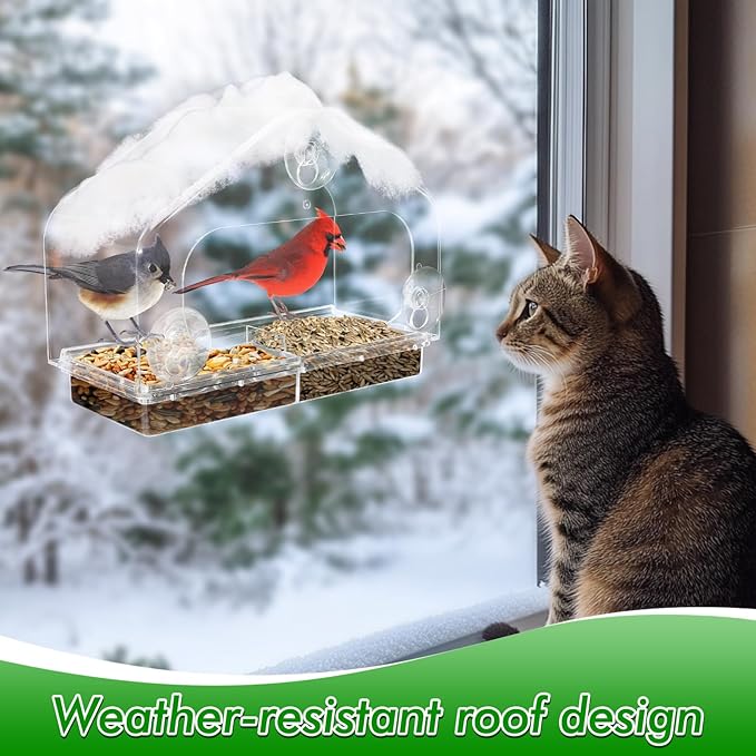 Outdoor Window Bird Feeder for Cats Viewing - Clear Bird Feeder with Strong Suction Cup, Cat Perch Accessories for Entertaining Watching, L