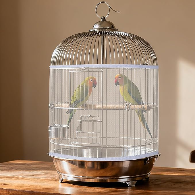 Fengek 2 Pcs Adjustable Bird Cage Cover & Seed Catcher Net - Stretchy Bird Cage Accessories for Night Cover & Seed Guard (White, XL)