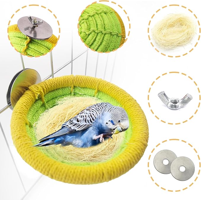 Cotton Rope Parakeet Nest Handmade Bird Breeding Nest Cockatiel Hatch Rope Bed Green Base Canary Snack Bowl for Parrot Conure Finch Budgie Lovebird