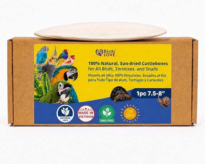 Birds LOVE 7.5-8" Cuttlebone for Birds – 100% Natural Sun-Dried Calcium Carbonate Mineral Supplement – for Parakeets, Budgies, Cockatiels, Finches & Canaries – 1 Pack with Holder – Made in Vietnam