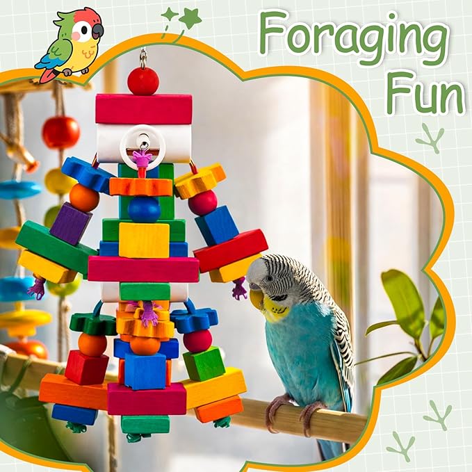 Seenelling 3 Pcs Large Parrot Toys Colorful Chewing Toy with Natural Wood Blocks for African Greys, Cockatoos, Parrots, Macaws, Medium Birds Cage Toy Accessories