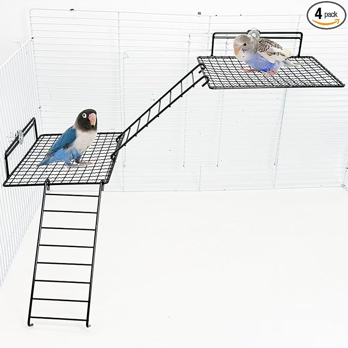 BNOSDM Large Stainless Steel Grid Platform for Parakeet 4 PCS Bird Perches Platform Parrot Stand with Climbing Ladder Bird Cage Accessories for Small to Large Bird (Screw Style-L)