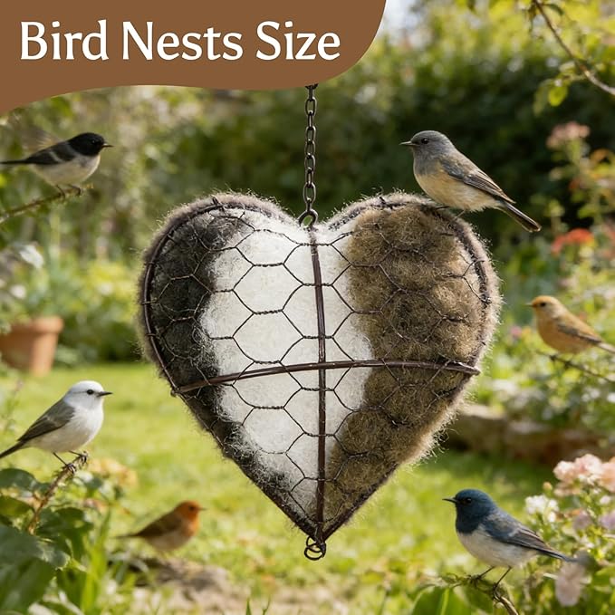 Heart Shaped Bird Nesting Material Holder - Refillable Wild Bird Nesting Supply Station with Natural Fibers, Outdoor Garden Hanging Bird House Accessory for Hummingbirds & Wild Birds