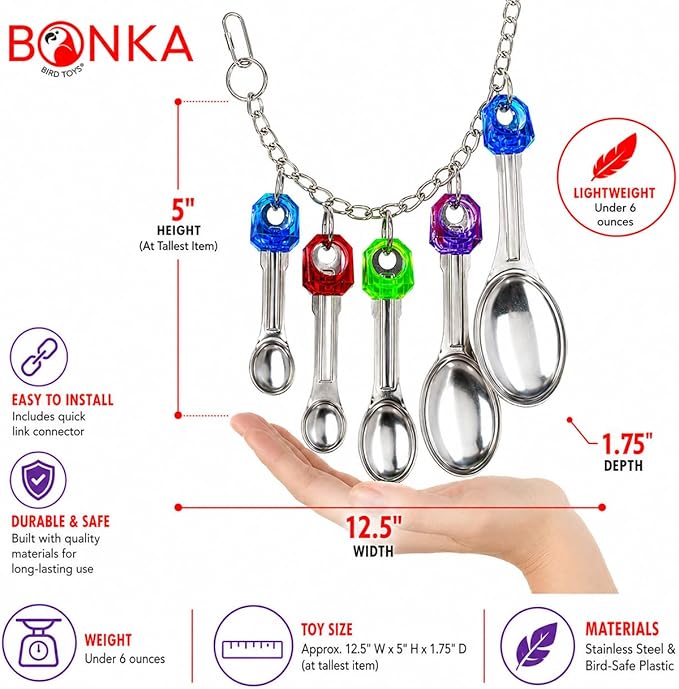 Bonka Bird Toys 1969 Spoon Delight Parakeets Cockatiel Conure Interactive Hanging Stainless Steel Spoons Chewing Foraging Enrichment Cage Medium Large Parrots 12.5" Chew Colorful Parts