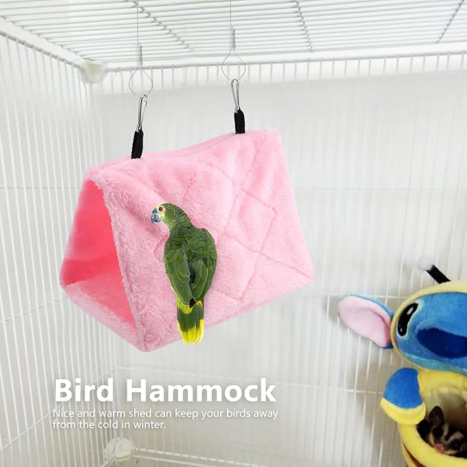 Tiiyee Plush Bird Hammock, Hanging Bird Nest House Parrot Sleeping Bed Shed Hut Cave Cage Tent Winter Warm Nest for Parakeet Cockatiels Cockatoo Lovebird Hamster Pet Toy Pouch Cotton Hideaway(S-Pink)