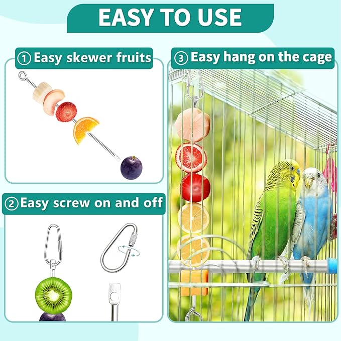 2 Pcs Bird Feeder Bowls with 2 Pcs Food Holder for Cage, Parrot Food Water Bowls and Fruit Skewer Foraging Toy, Stainless Steel Bird Feeding Dish Cups for Small Animals (Silvery, 4 Pcs)