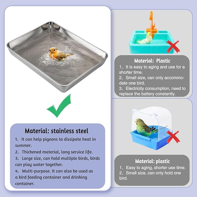 kathson Stainless Steel Bird Bath 16.14"×12.2"×2.36" Metal Bird Bath Tray Pet Bird Cleaning Accessories Bird Bathtub Bird Bath Tray Pet Shower Tub Pigeon Bathtub Bird Cage Bathtub Tray