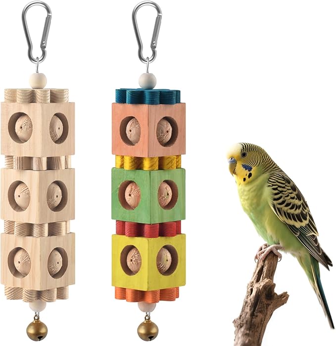 DBNESS 2 PCS Bird Chew Toys for Beak Grinding, Hanging Rotating Wood Block with Bell Parrot Foraging Enrichment Chewing Toy for Small to Medium Conure Cocktie Caique Similar Sized Pet Birds